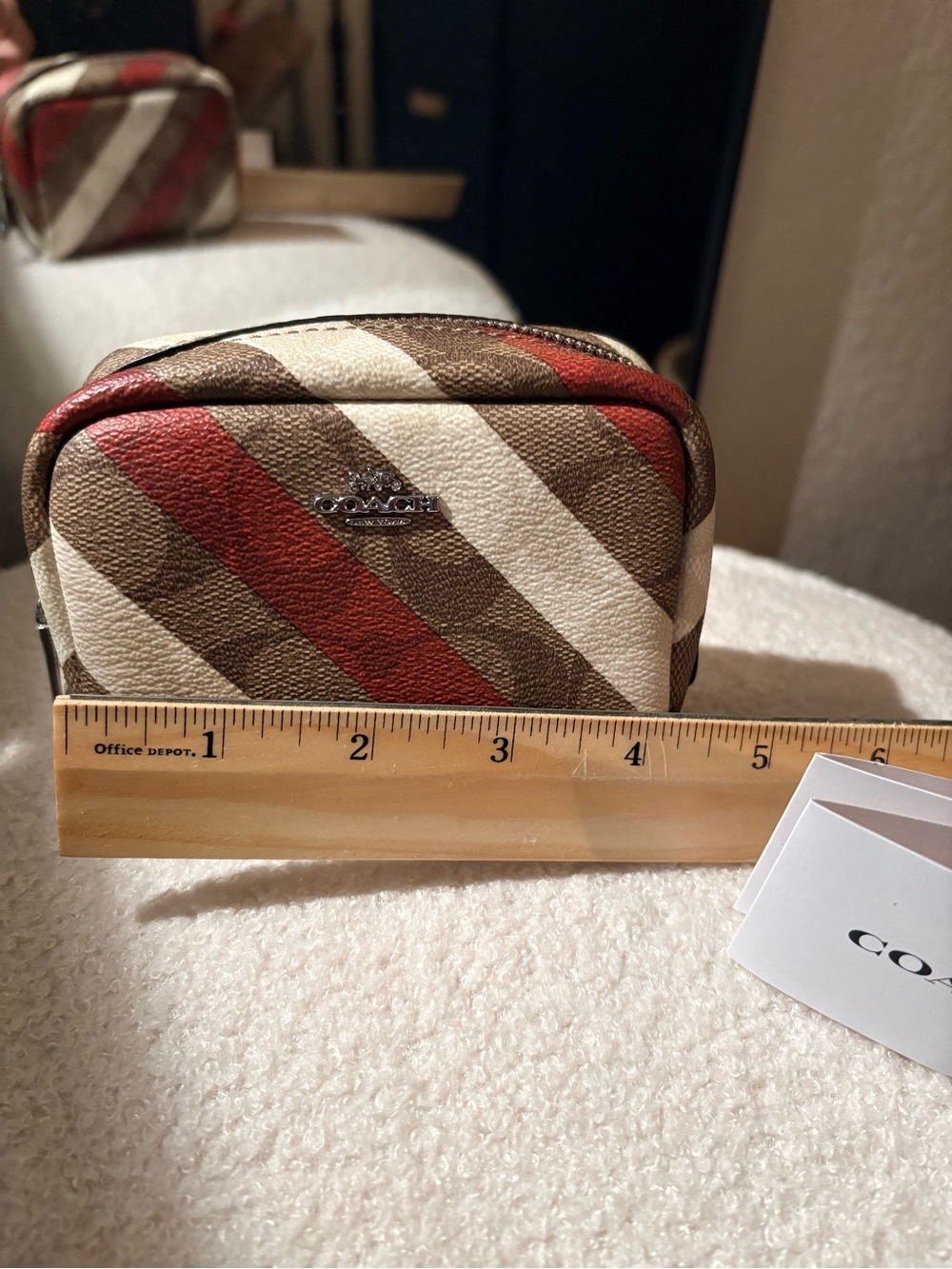 Coach Diagonal Stripe cosmetic Makeup Pouch in Red, Brown & Cream